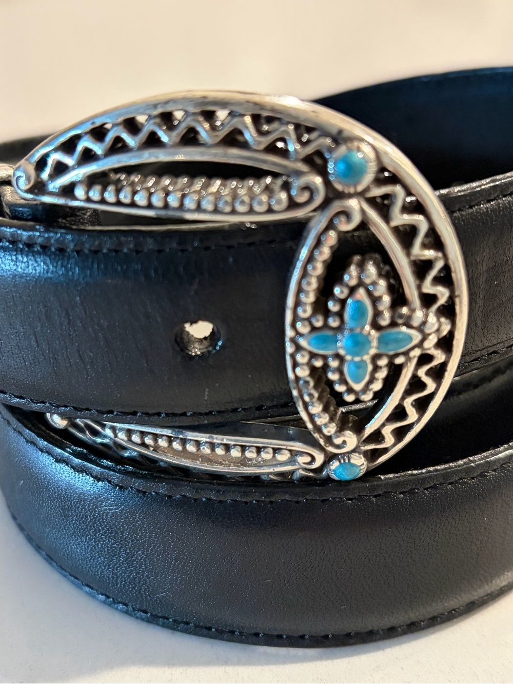 Brighton Black Leather Belt Silver Plate with  Turquoise Buckle XL/36 B30113 USA - Picture 2 of 7